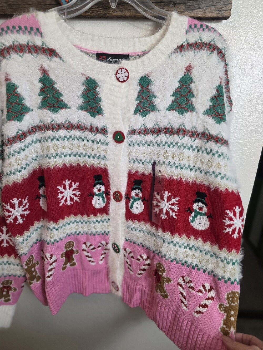 33 Degrees Women’s XL Christmas Cardigan Snowman Gingerbread Fuzzy Sweater - Picture 6 of 16